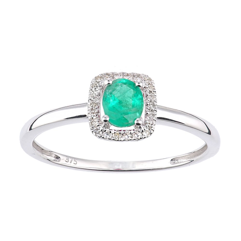 SPARKLD 9ct White Gold Oval Emerald and 0.08ct Diamond Cluster Ring