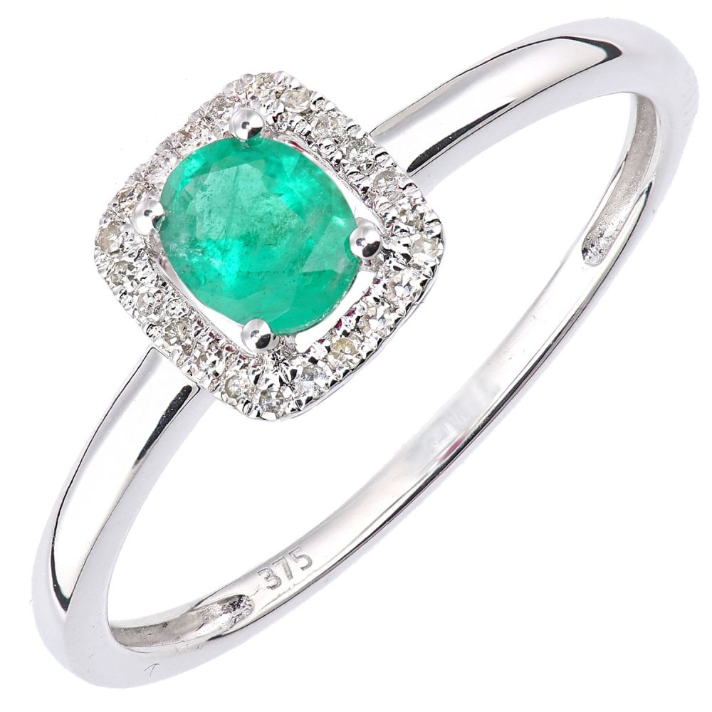 SPARKLD 9ct White Gold Oval Emerald and 0.08ct Diamond Cluster Ring