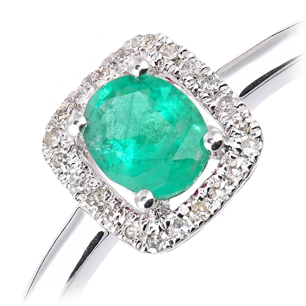 SPARKLD 9ct White Gold Oval Emerald and 0.08ct Diamond Cluster Ring
