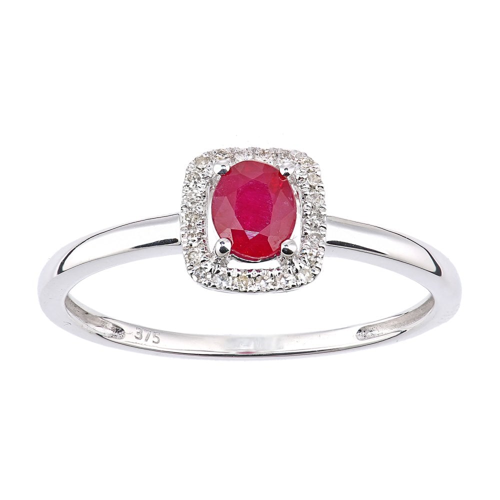 SPARKLD 9ct White Gold Oval Ruby and 0.08ct Diamond Cluster Ring