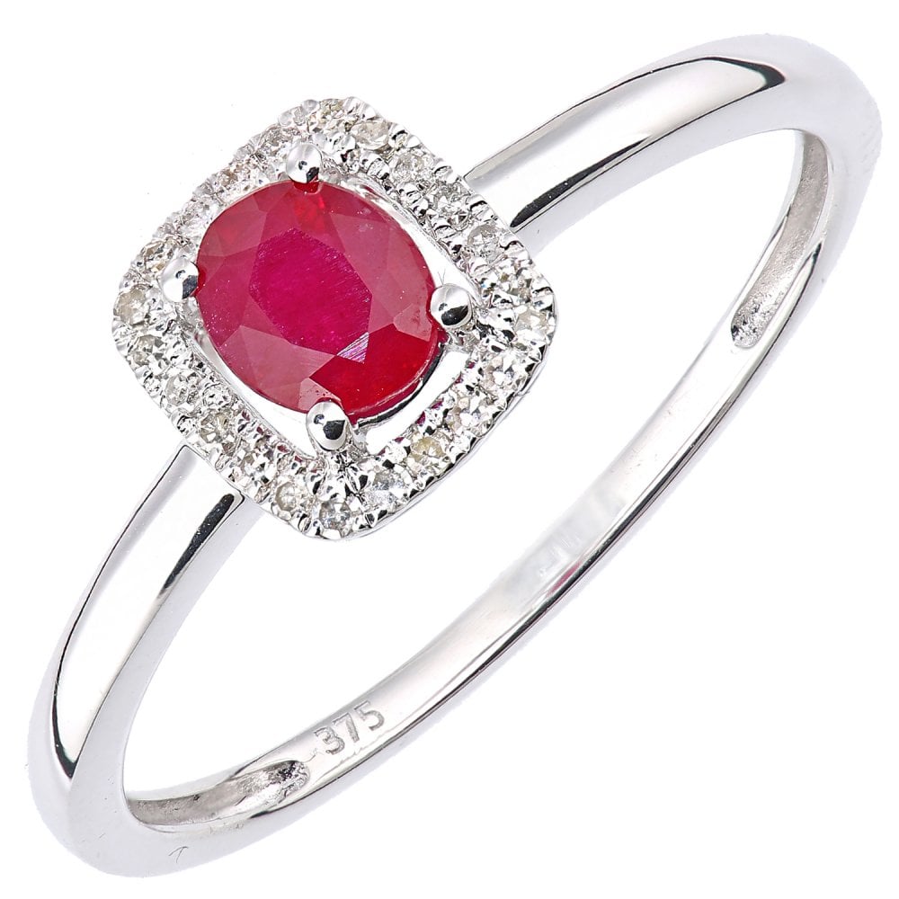SPARKLD 9ct White Gold Oval Ruby and 0.08ct Diamond Cluster Ring