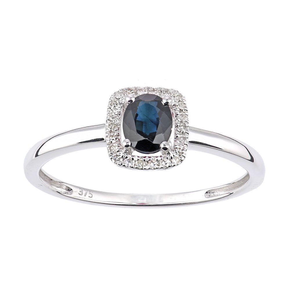 SPARKLD 9ct White Gold Oval Sapphire and 0.08ct Diamond Cluster Ring