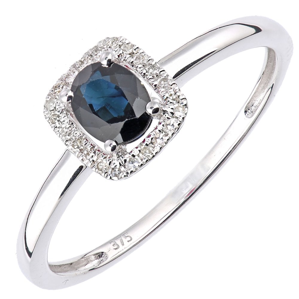 SPARKLD 9ct White Gold Oval Sapphire and 0.08ct Diamond Cluster Ring