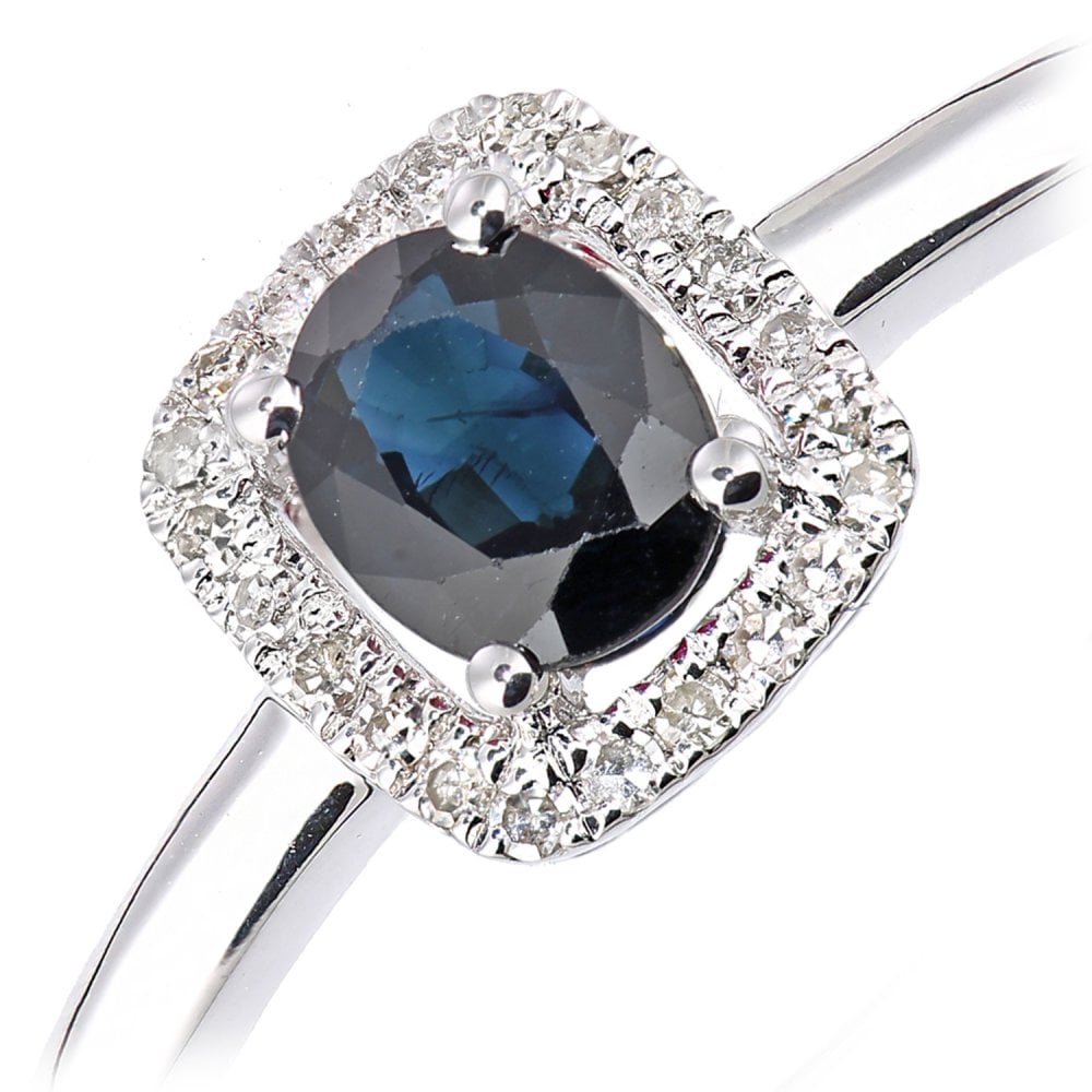 SPARKLD 9ct White Gold Oval Sapphire and 0.08ct Diamond Cluster Ring