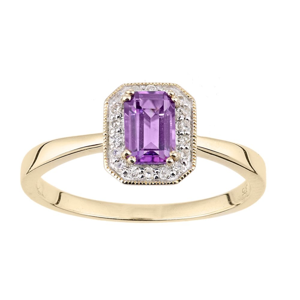 SPARKLD 9ct Yellow Gold Octagon Amethyst and 0.08ct Diamond Cluster Ring