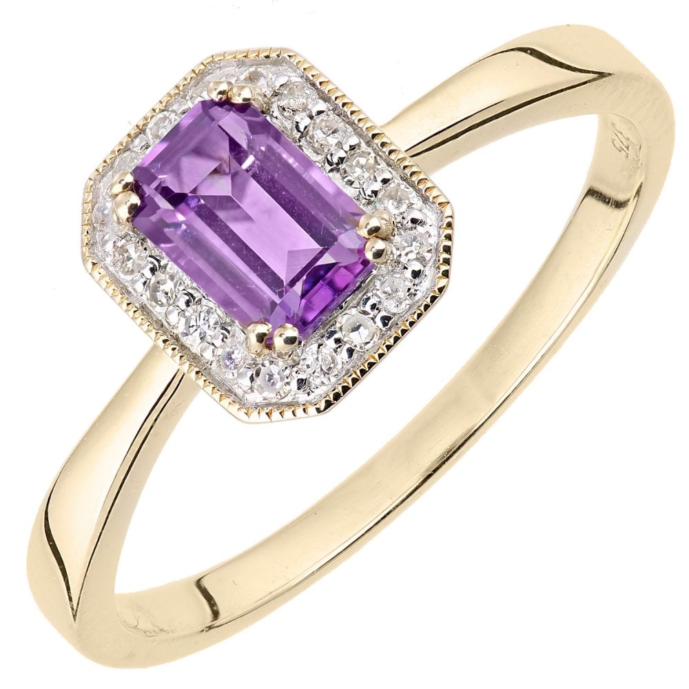 SPARKLD 9ct Yellow Gold Octagon Amethyst and 0.08ct Diamond Cluster Ring