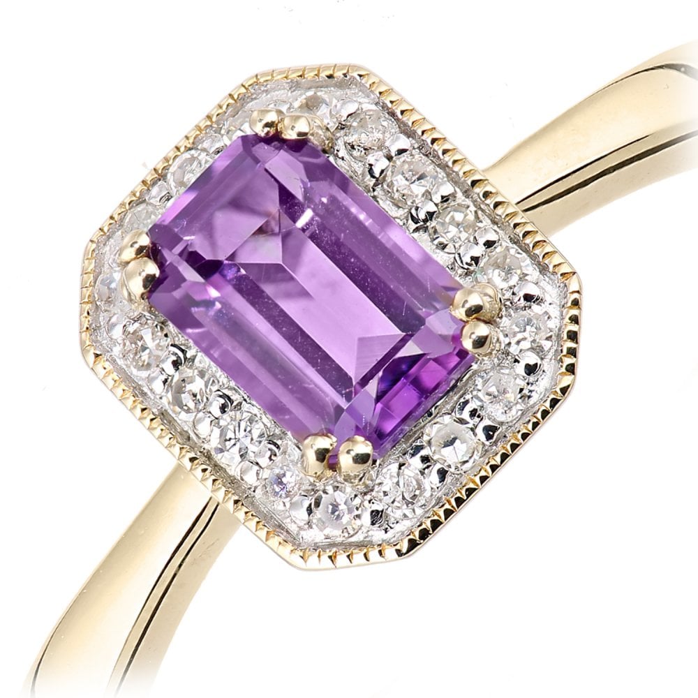 SPARKLD 9ct Yellow Gold Octagon Amethyst and 0.08ct Diamond Cluster Ring