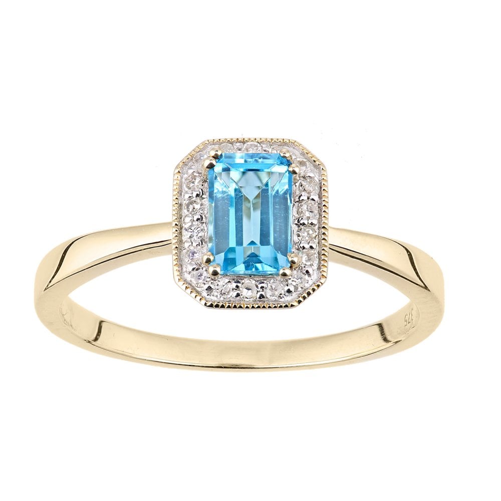SPARKLD 9ct Yellow Gold Octagon Blue Topaz and 0.08ct Diamond Cluster Ring
