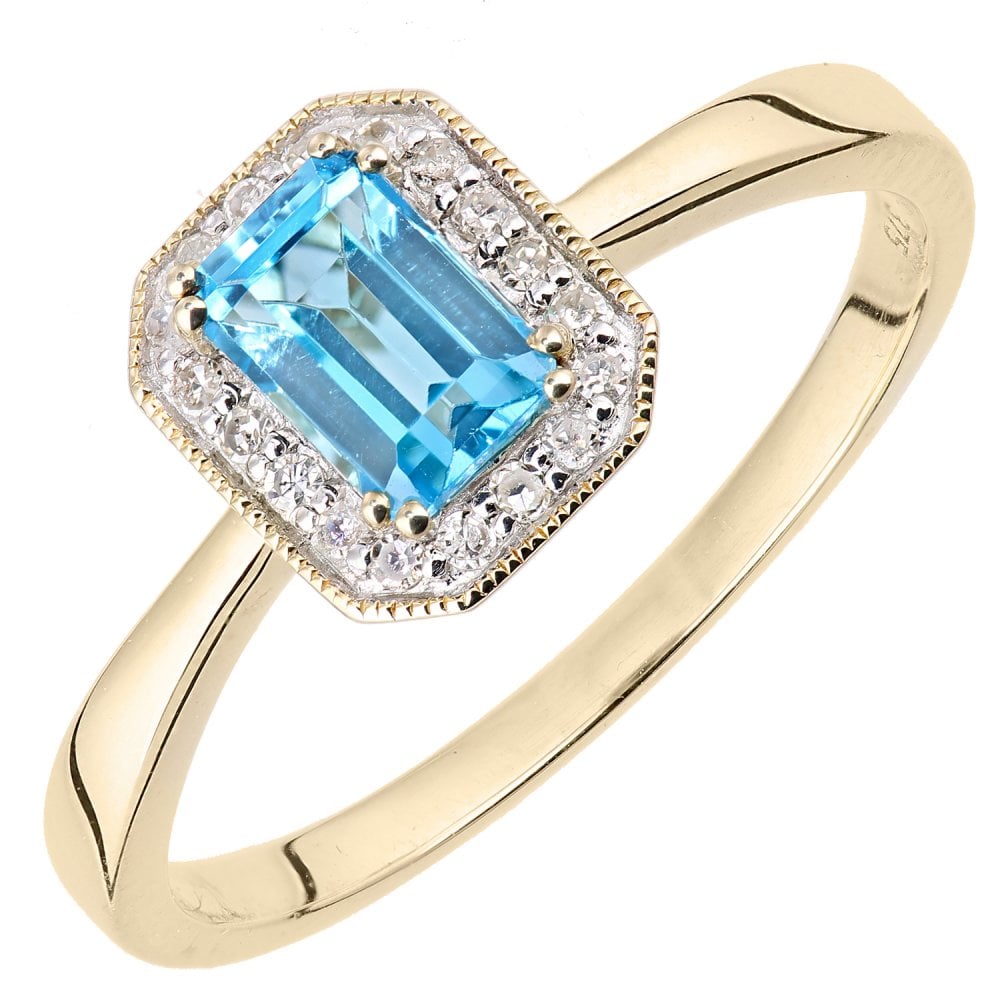 SPARKLD 9ct Yellow Gold Octagon Blue Topaz and 0.08ct Diamond Cluster Ring
