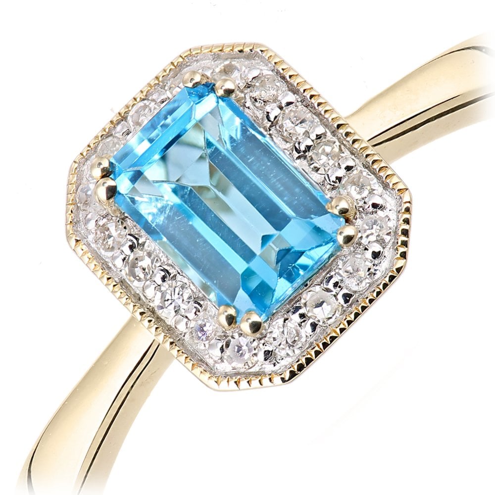 SPARKLD 9ct Yellow Gold Octagon Blue Topaz and 0.08ct Diamond Cluster Ring