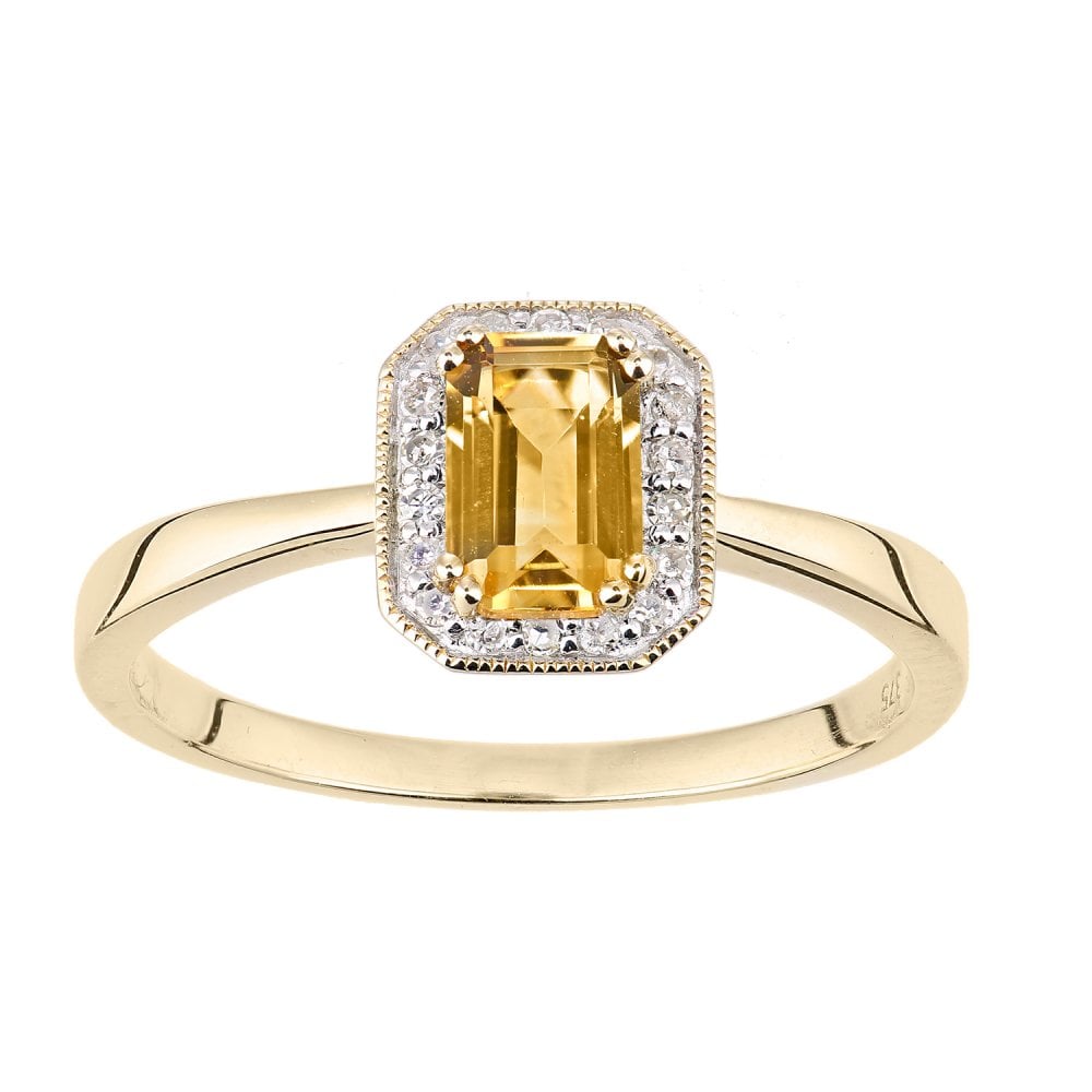 SPARKLD 9ct Yellow Gold Octagon Citrine and 0.08ct Diamond Cluster Ring