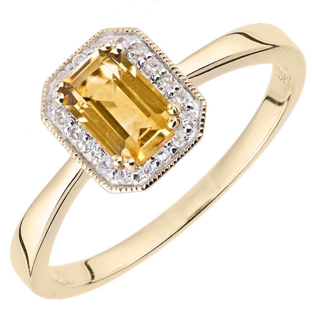 SPARKLD 9ct Yellow Gold Octagon Citrine and 0.08ct Diamond Cluster Ring