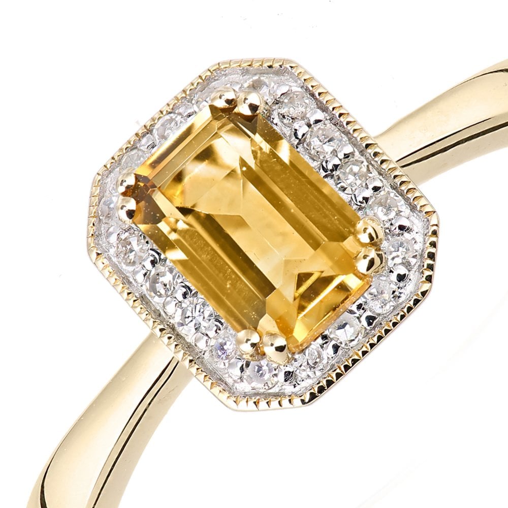 SPARKLD 9ct Yellow Gold Octagon Citrine and 0.08ct Diamond Cluster Ring