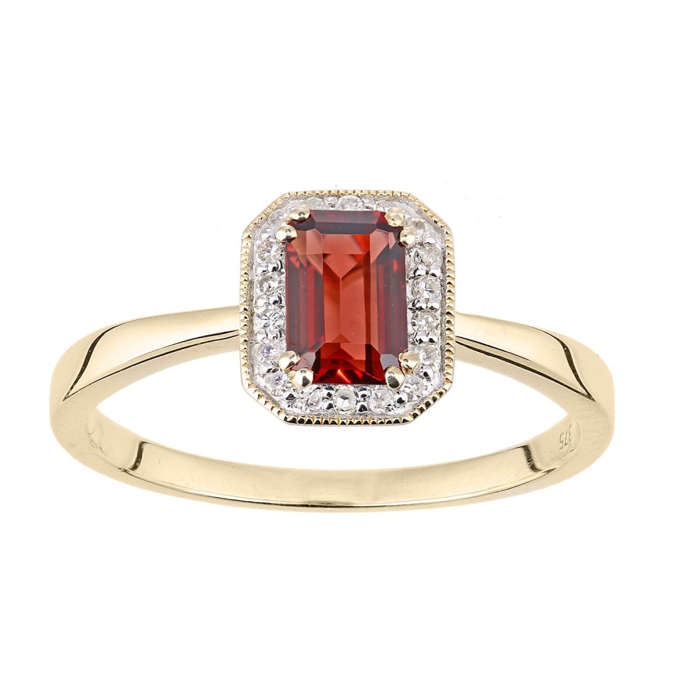 SPARKLD 9ct Yellow Gold Octagon Garnet and 0.08ct Diamond Cluster Ring