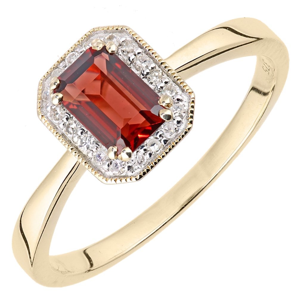 SPARKLD 9ct Yellow Gold Octagon Garnet and 0.08ct Diamond Cluster Ring