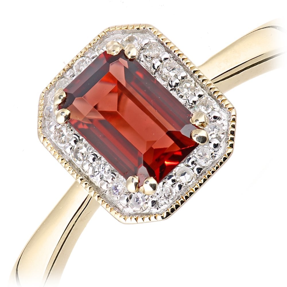 SPARKLD 9ct Yellow Gold Octagon Garnet and 0.08ct Diamond Cluster Ring