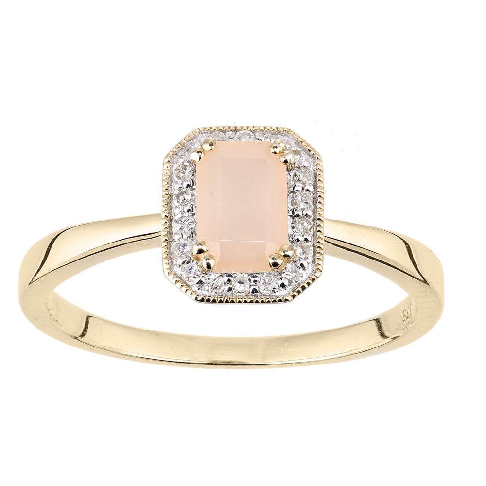 SPARKLD 9ct Yellow Gold Octagon Pink Opal and 0.08ct Diamond Cluster Ring