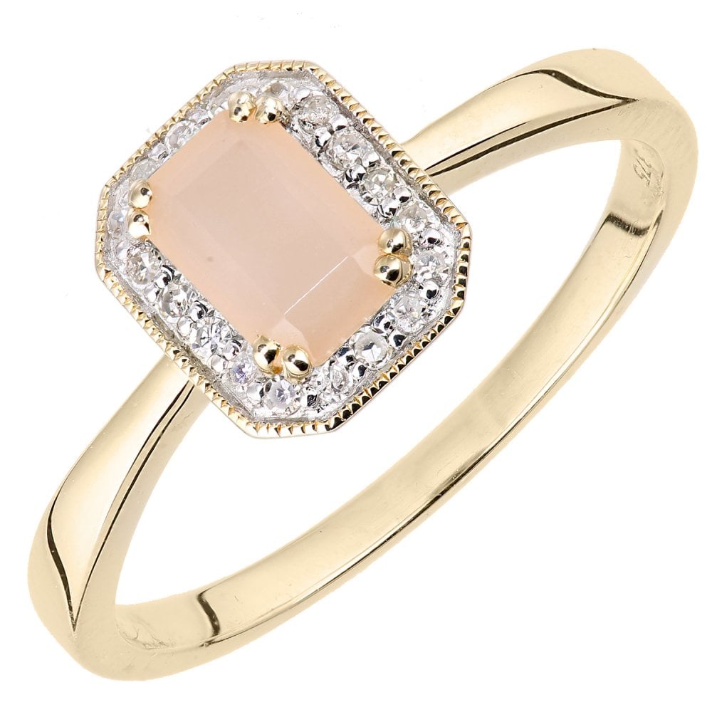 SPARKLD 9ct Yellow Gold Octagon Pink Opal and 0.08ct Diamond Cluster Ring