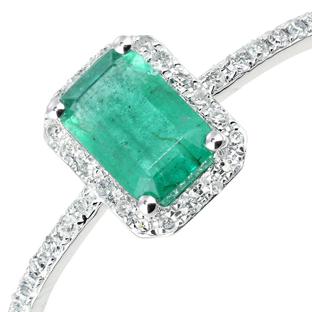SPARKLD 18ct White Gold Octagon Emerald and 0.10ct Diamond Cluster Ring