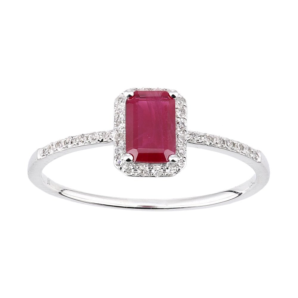 SPARKLD 18ct White Gold Octagon Ruby and 0.10ct Diamond Cluster Ring