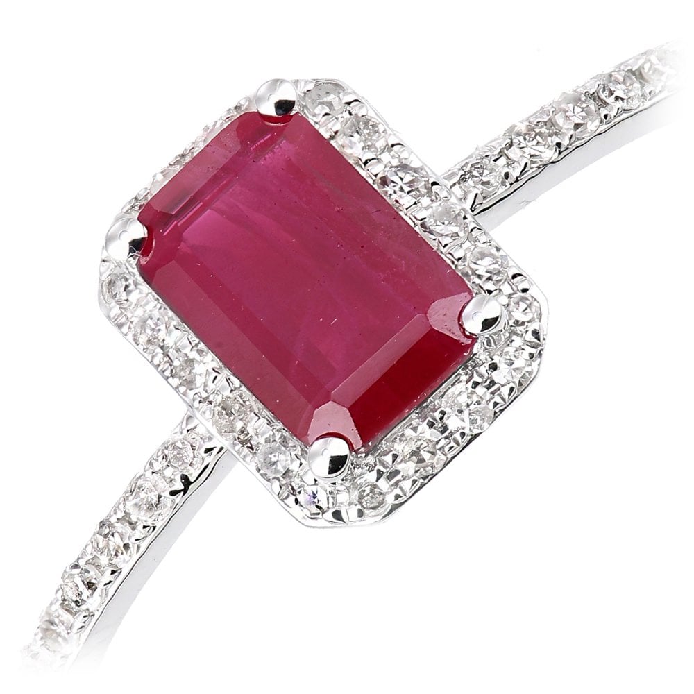 SPARKLD 18ct White Gold Octagon Ruby and 0.10ct Diamond Cluster Ring