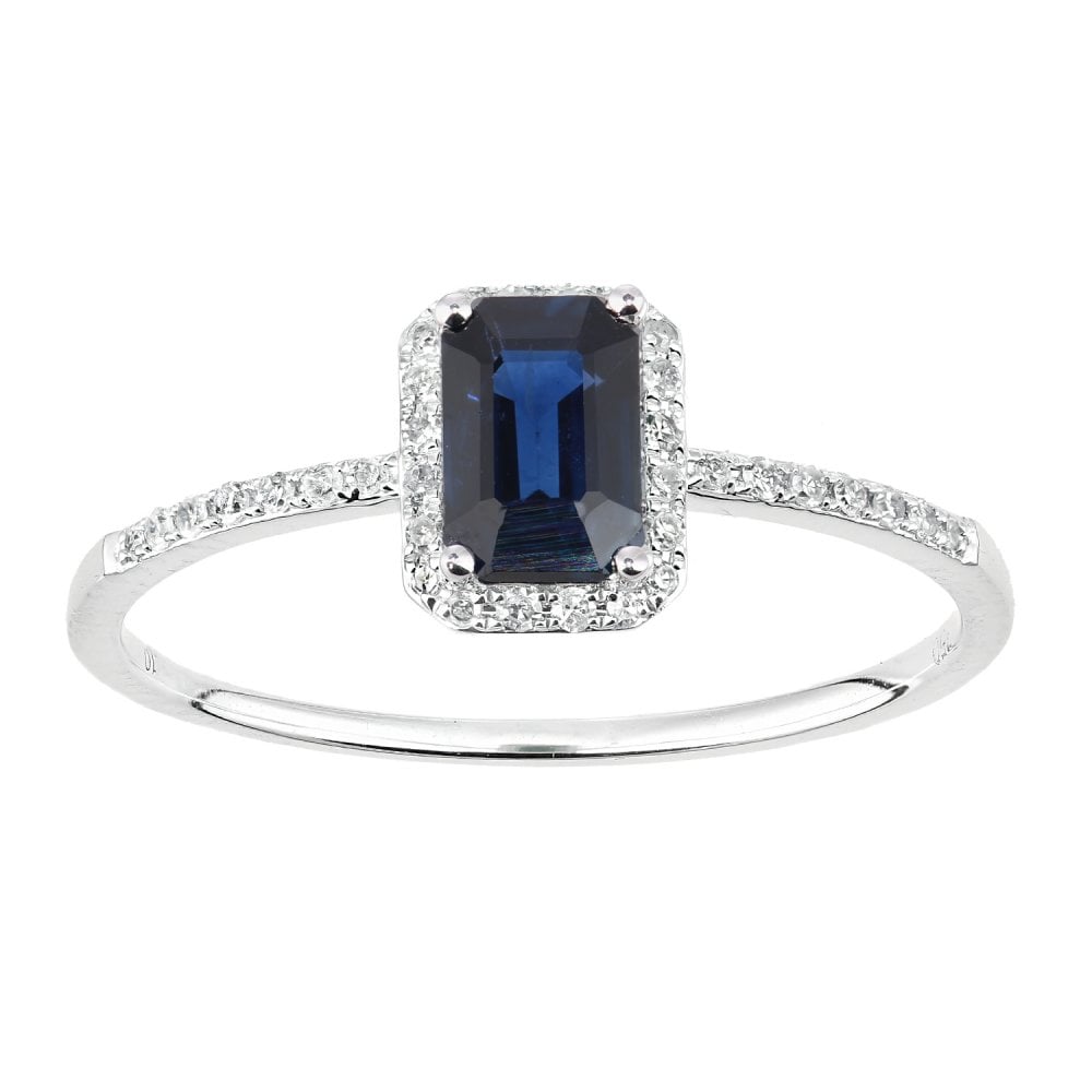 SPARKLD 18ct White Gold Octagon Sapphire and 0.10ct Diamond Cluster Ring