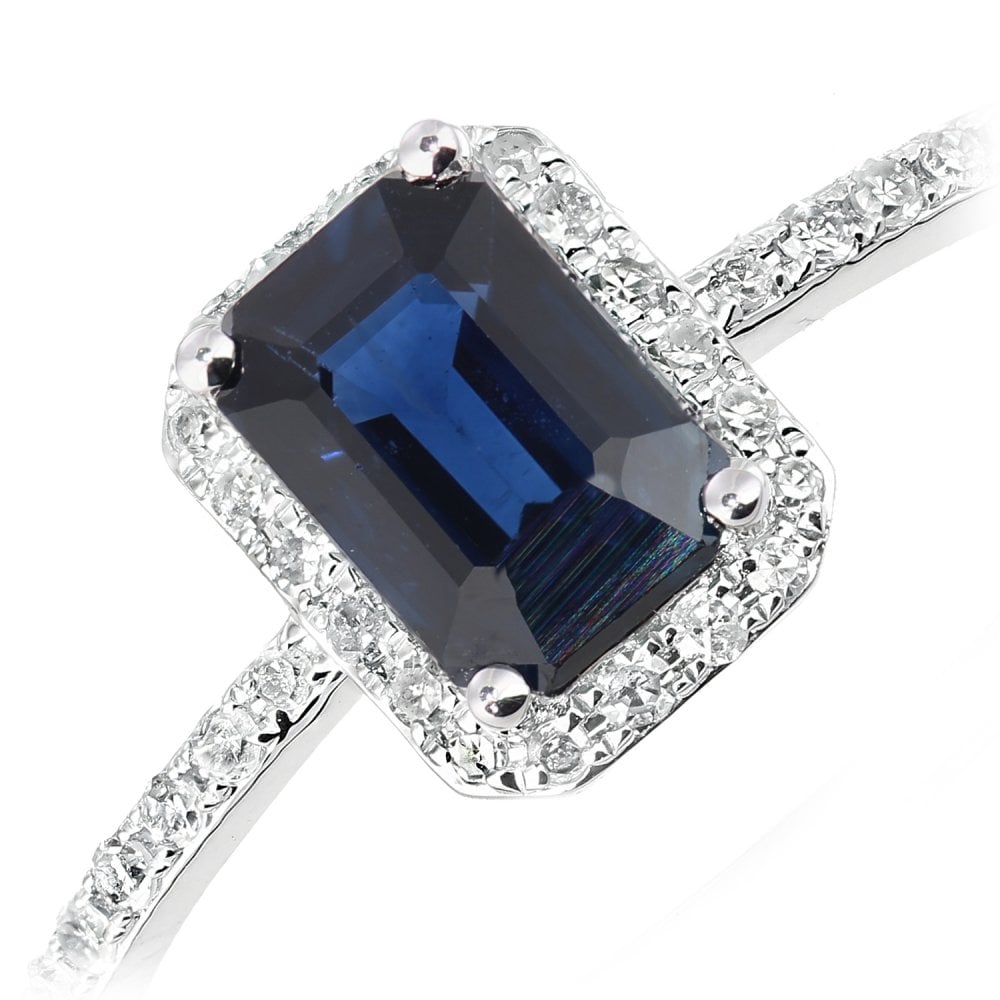 SPARKLD 18ct White Gold Octagon Sapphire and 0.10ct Diamond Cluster Ring