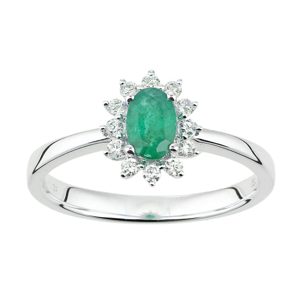 SPARKLD 18ct White Gold Oval Emerald and 0.15ct Diamond Cluster Ring