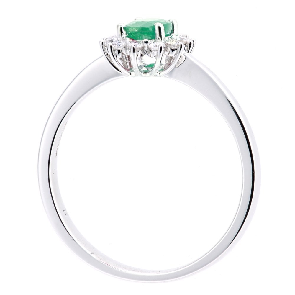 SPARKLD 18ct White Gold Oval Emerald and 0.15ct Diamond Cluster Ring