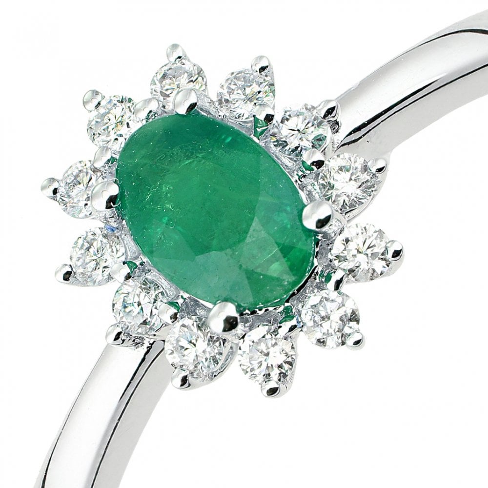 SPARKLD 18ct White Gold Oval Emerald and 0.15ct Diamond Cluster Ring
