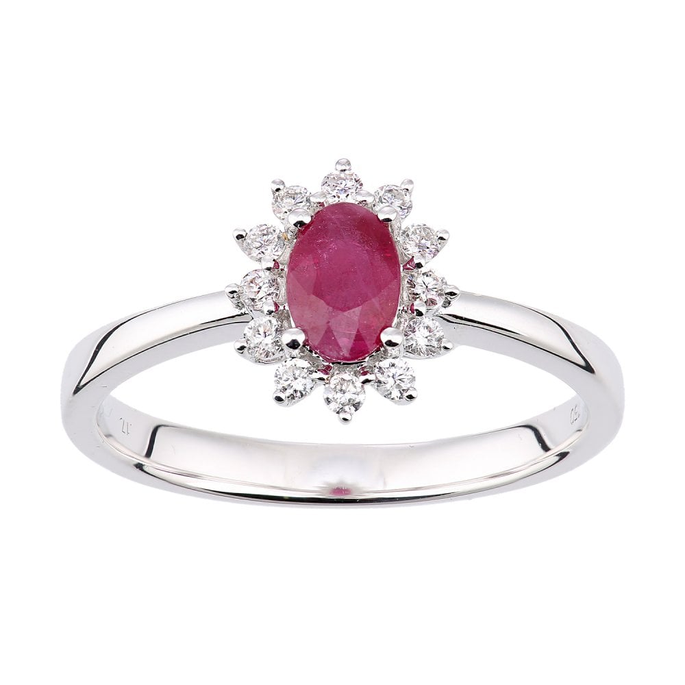 SPARKLD 18ct White Gold Oval Ruby and 0.15ct Diamond Cluster Ring