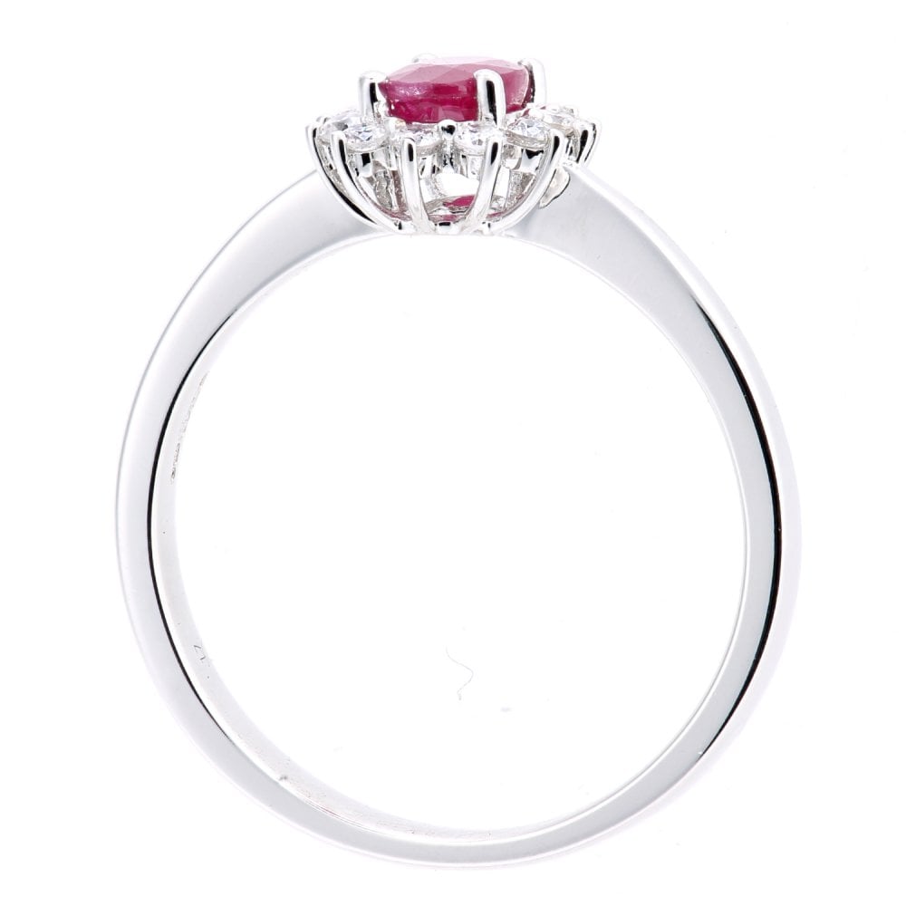 SPARKLD 18ct White Gold Oval Ruby and 0.15ct Diamond Cluster Ring