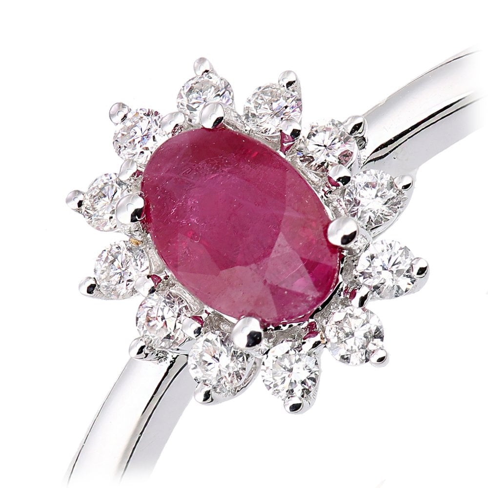 SPARKLD 18ct White Gold Oval Ruby and 0.15ct Diamond Cluster Ring
