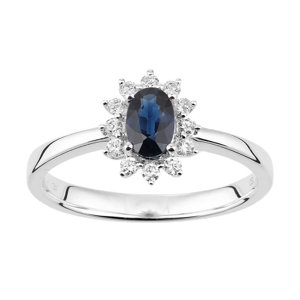 SPARKLD 18ct White Gold Oval Sapphire and 0.15ct Diamond Cluster Ring