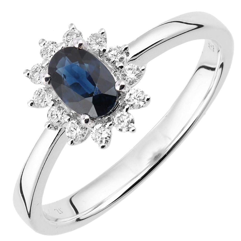 SPARKLD 18ct White Gold Oval Sapphire and 0.15ct Diamond Cluster Ring