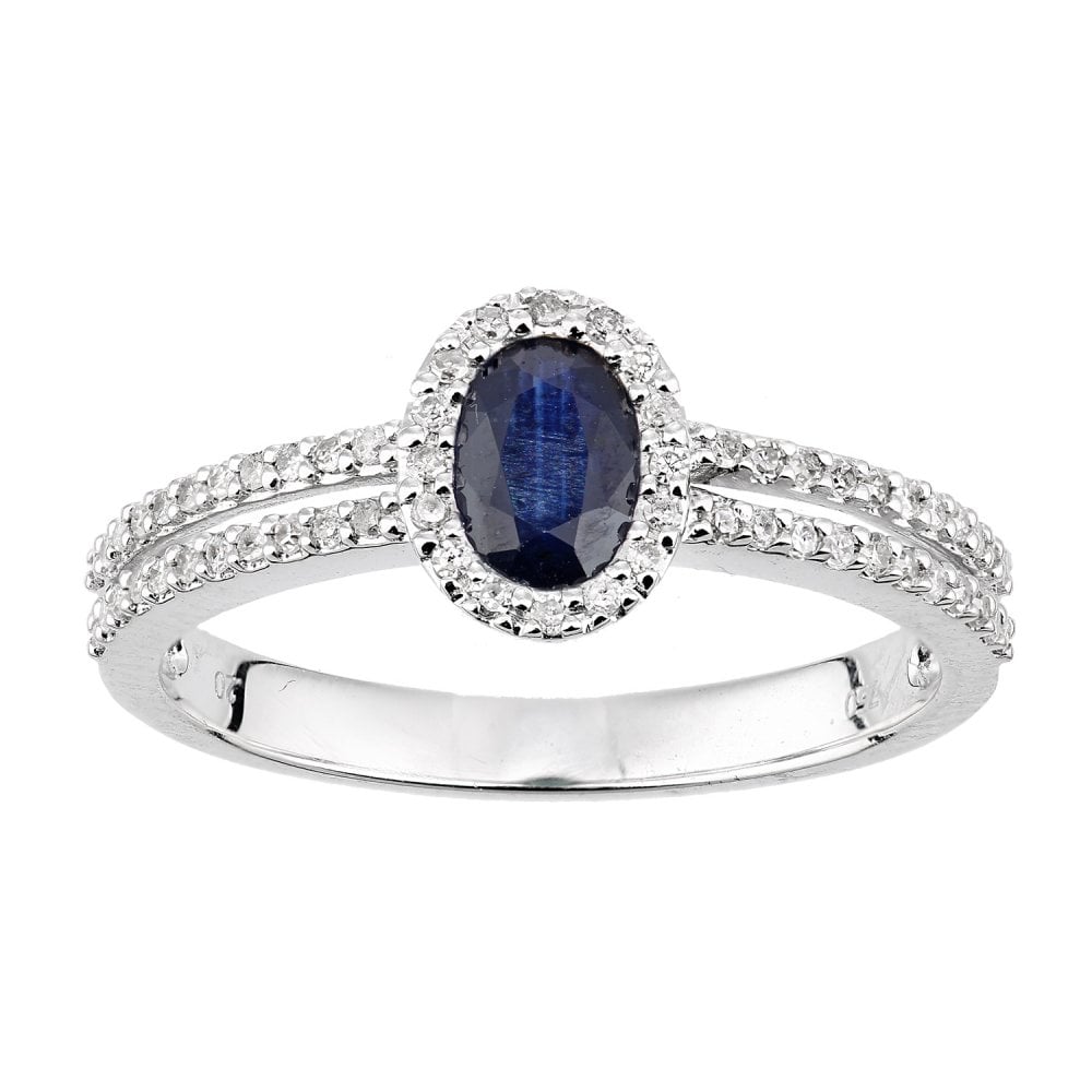 SPARKLD 18ct White Gold Oval Sapphire and 0.20ct Diamond Halo Ring