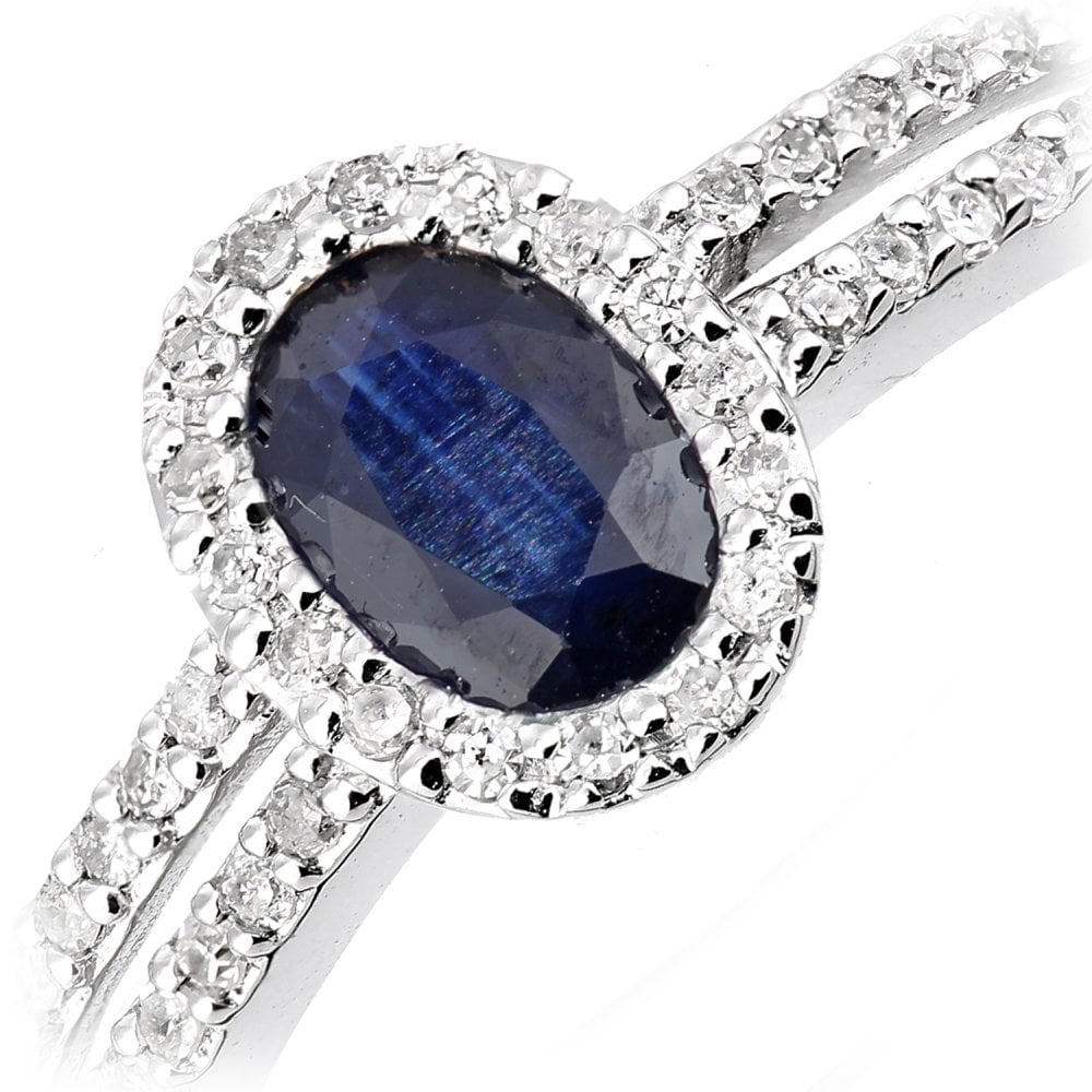 SPARKLD 18ct White Gold Oval Sapphire and 0.20ct Diamond Halo Ring