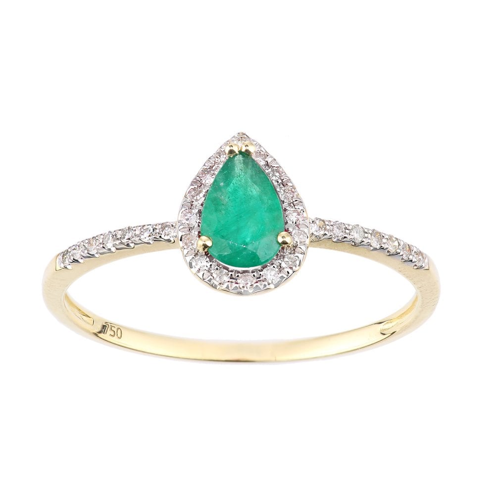 SPARKLD 18ct Yellow Gold Pear Emerald and 0.10ct Diamond Teardrop Cluster Ring