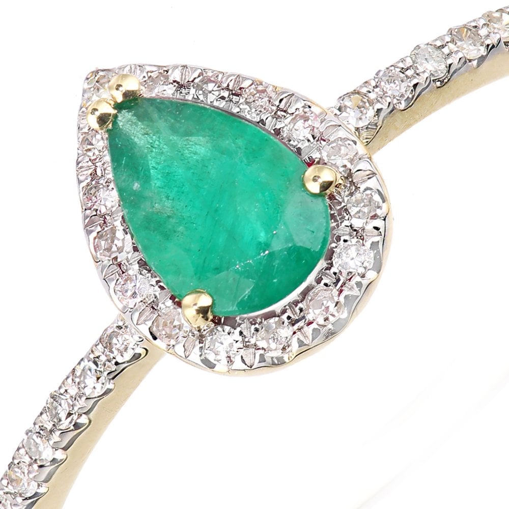 SPARKLD 18ct Yellow Gold Pear Emerald and 0.10ct Diamond Teardrop Cluster Ring