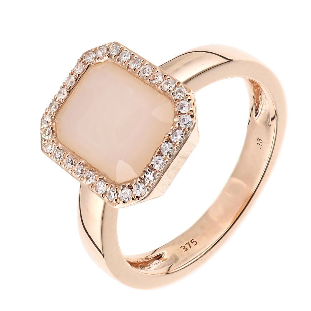 SPARKLD 9ct Rose Gold Pink Opal and 0.20ct Diamond Halo Ring