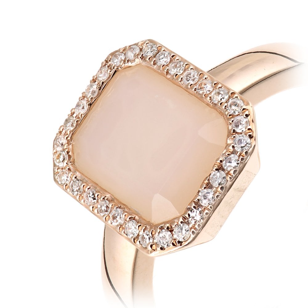 SPARKLD 9ct Rose Gold Pink Opal and 0.20ct Diamond Halo Ring