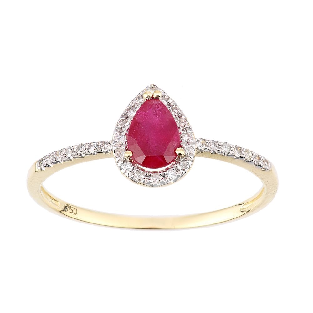 SPARKLD 18ct Yellow Gold Pear Ruby and 0.10ct Diamond Teardrop Cluster Ring