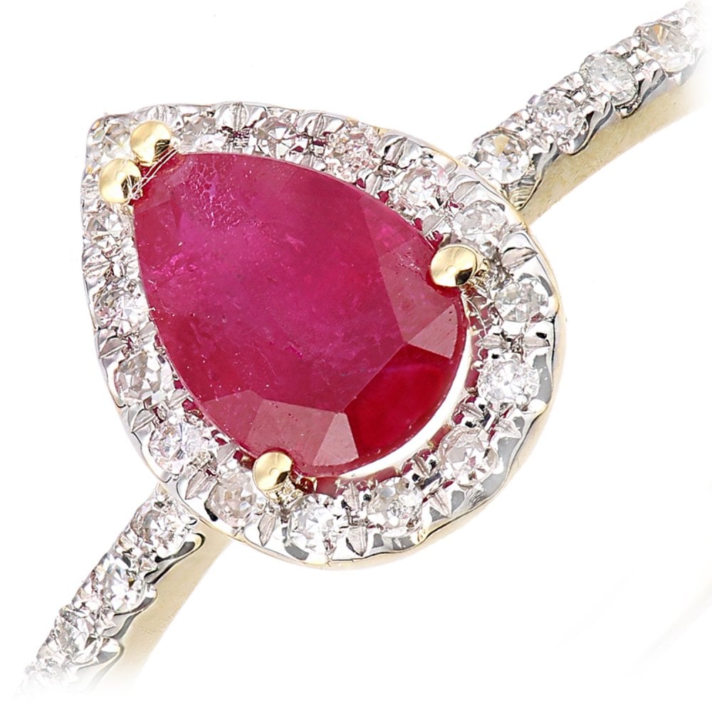 SPARKLD 18ct Yellow Gold Pear Ruby and 0.10ct Diamond Teardrop Cluster Ring