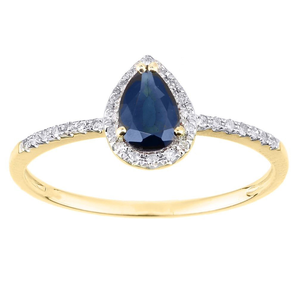 SPARKLD 18ct Yellow Gold Pear Sapphire and 0.10ct Diamond Teardrop Cluster Ring