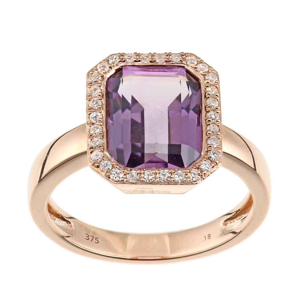 SPARKLD 9ct Rose Gold Amethyst and 0.20ct Diamond Halo Ring