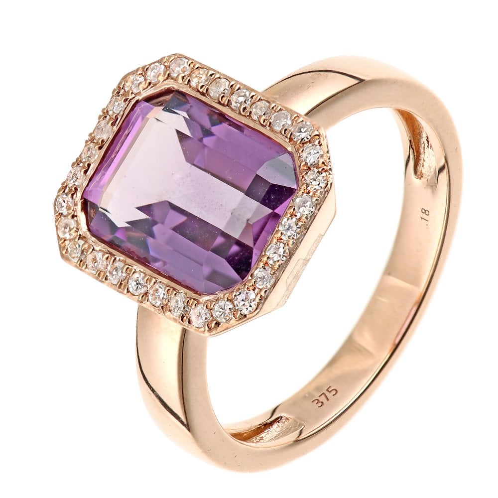 SPARKLD 9ct Rose Gold Amethyst and 0.20ct Diamond Halo Ring
