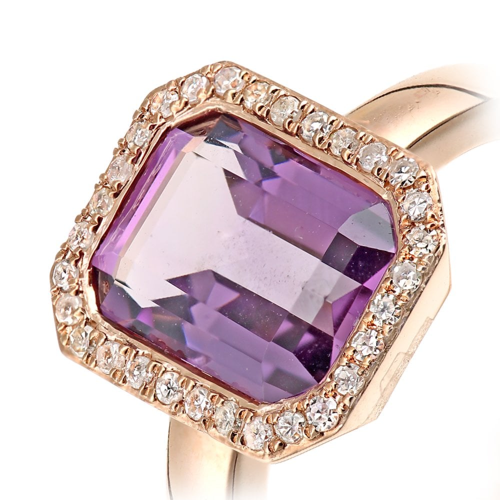 SPARKLD 9ct Rose Gold Amethyst and 0.20ct Diamond Halo Ring