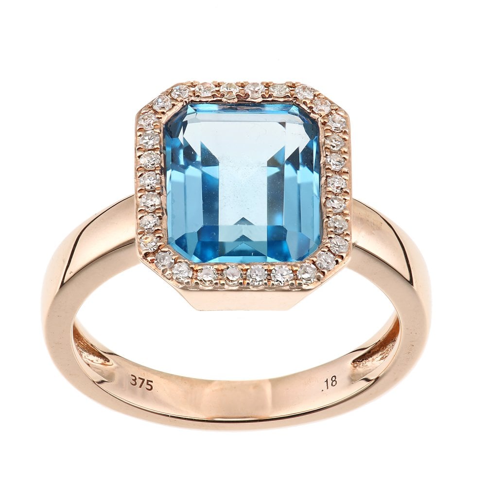 SPARKLD 9ct Rose Gold Blue Topaz and 0.20ct Diamond Halo Ring