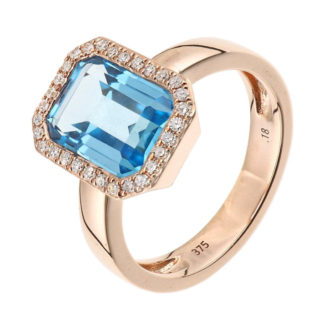 SPARKLD 9ct Rose Gold Blue Topaz and 0.20ct Diamond Halo Ring