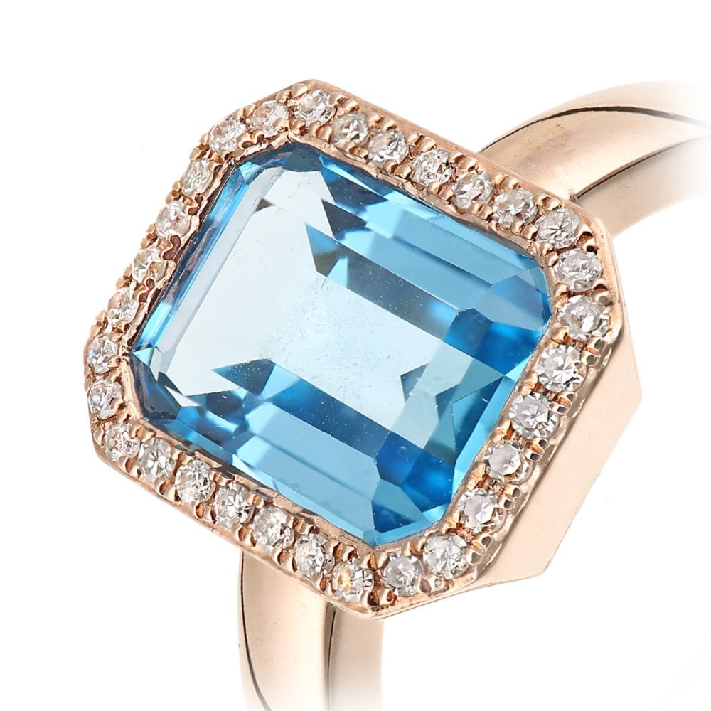 SPARKLD 9ct Rose Gold Blue Topaz and 0.20ct Diamond Halo Ring